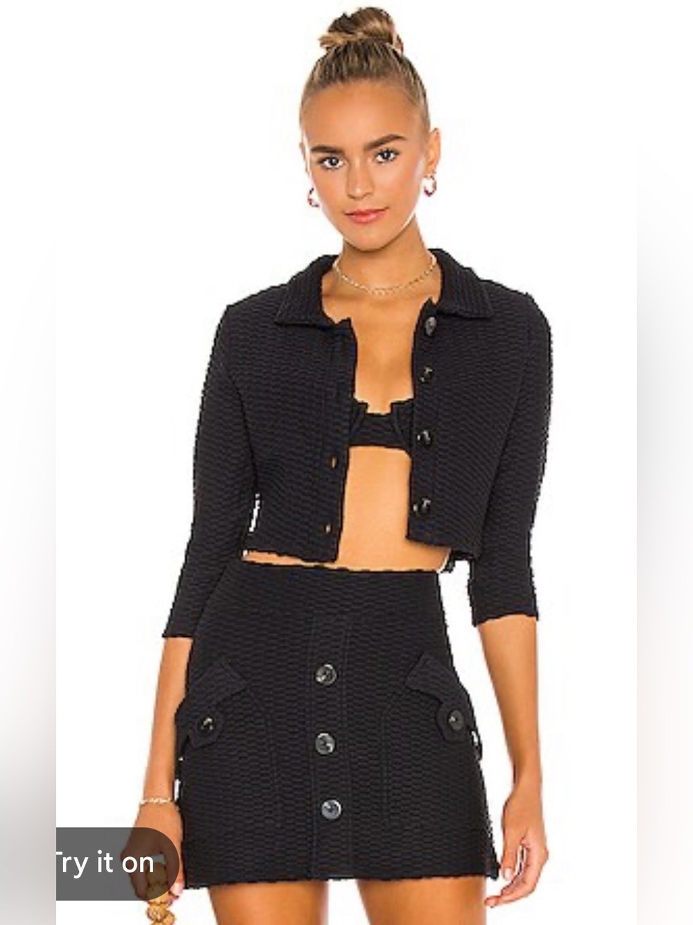 DEVON WINDSOR Black Textured Knit Cropped Jacket & Skirt Set
